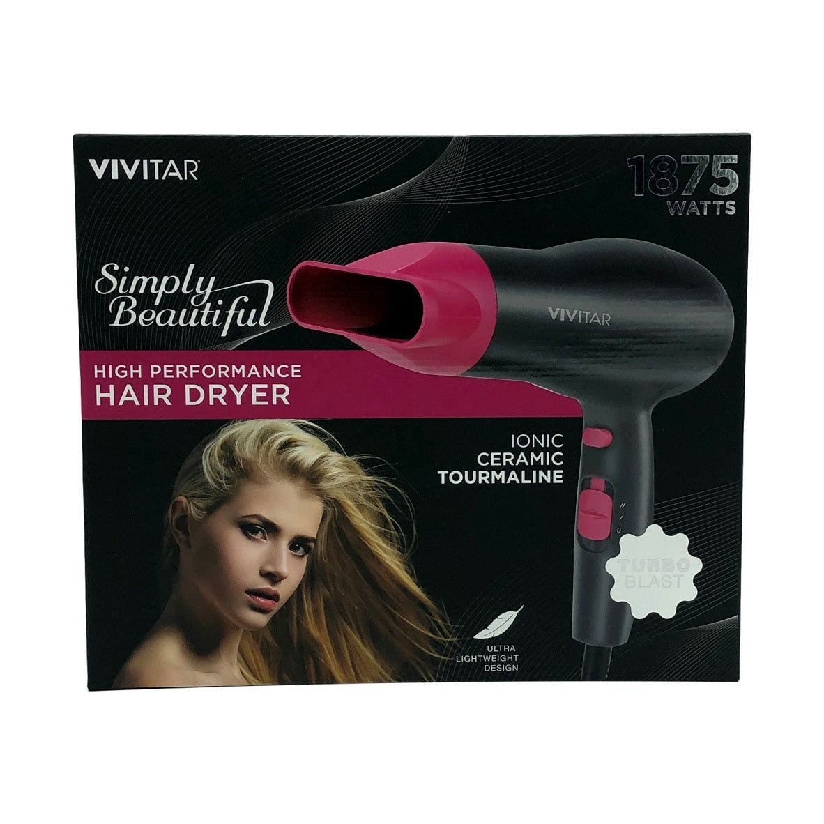 Product box for a Vivitar hair dryer with a model, text, and the hair dryer itself in the image.